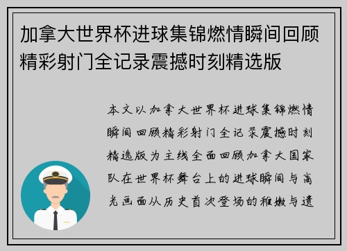 加拿大世界杯进球集锦燃情瞬间回顾精彩射门全记录震撼时刻精选版 加拿大世界杯进球集锦燃情瞬间回顾精彩射门全记录震撼时刻精选版